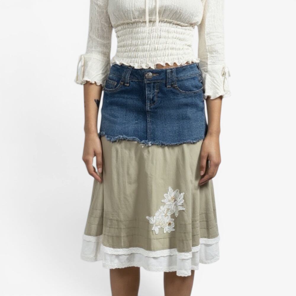 Candies Coastal Cowgirl Denim & Khaki Midi Skirt Boho Floral Ruffle Lace Sz 5